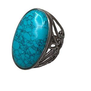 Vintage Sterling Silver Faux Turquoise Howlite Statement Ring Artisan Size 9